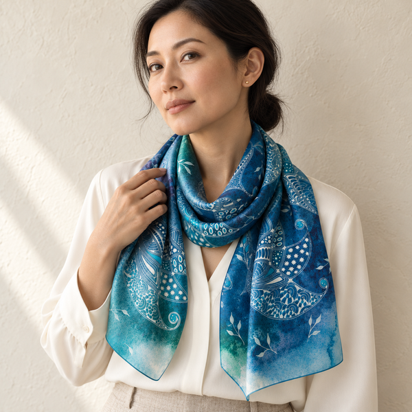 Woman wearing the Midnight Paisley silk scarf looped at the neck over a cream silk shirt, the ends falling long — Tangled Monk original hand-drawn silk scarf