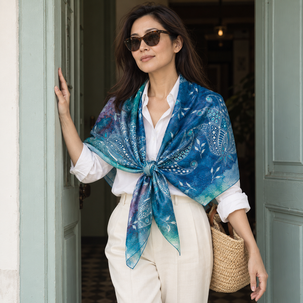 Woman wearing the Midnight Paisley silk scarf as a shoulder wrap knotted at the waist, with a white shirt and cream trousers — Tangled Monk original hand-drawn silk scarf