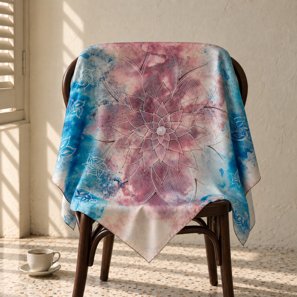 The Dusk Lotus silk scarf draped over a dark wooden chair in a sunlit room, the lotus mandala facing forward — Tangled Monk original hand-drawn silk scarf