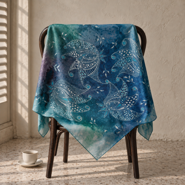 The Midnight Paisley silk scarf draped over a dark wooden chair in a sunlit room, the paisley pinwheel facing forward — Tangled Monk original hand-drawn silk scarf