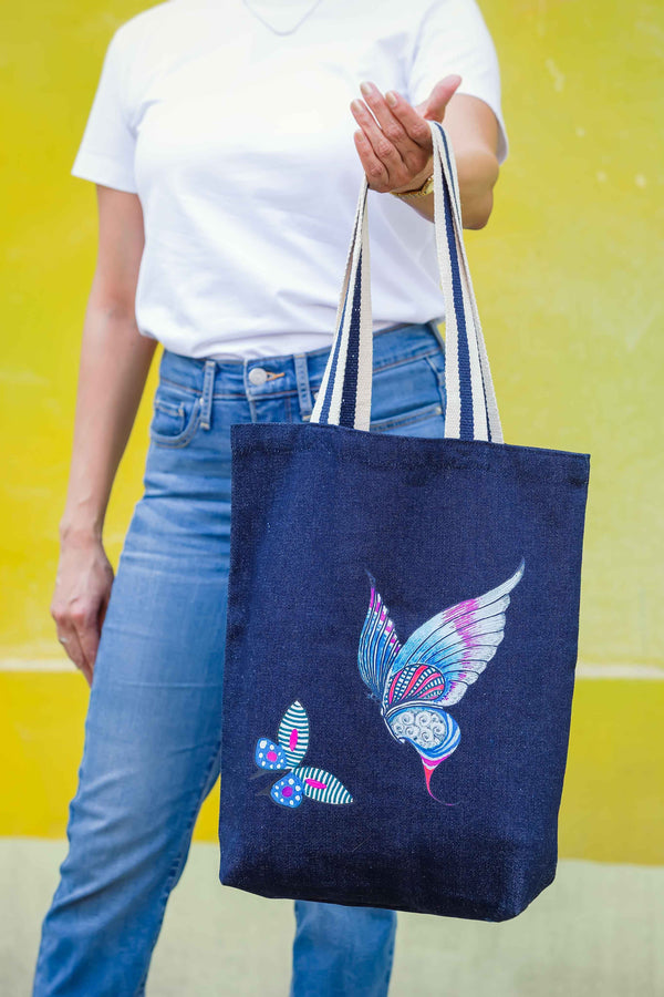 Winged Whispers | Denim Tote