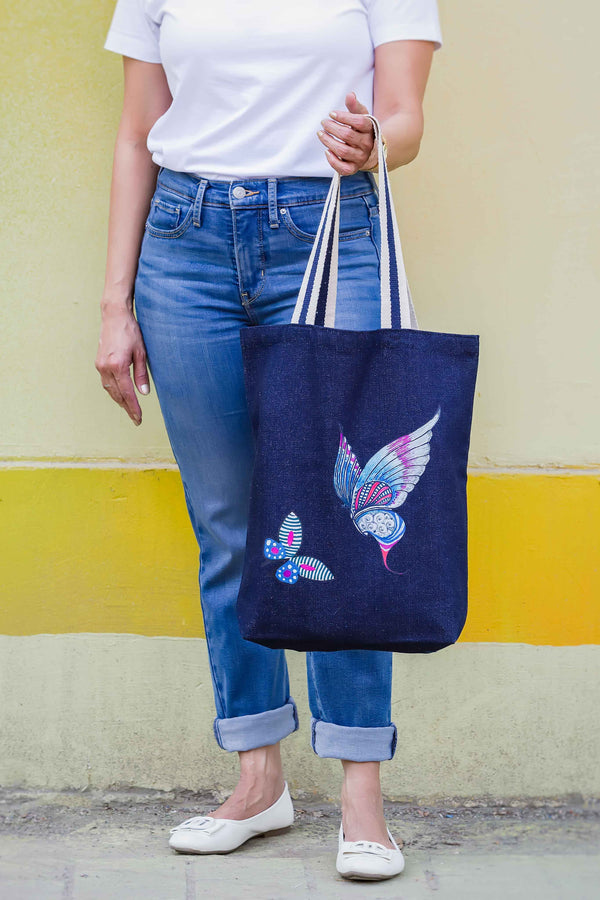 Winged Whispers | Denim Tote