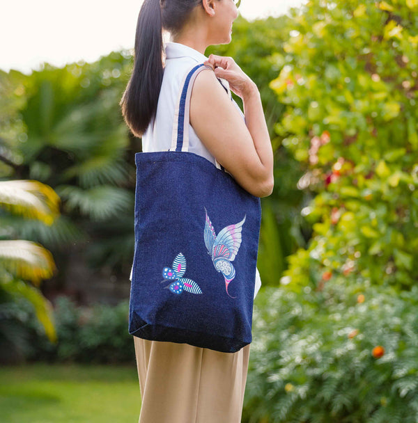 Winged Whispers | Denim Tote