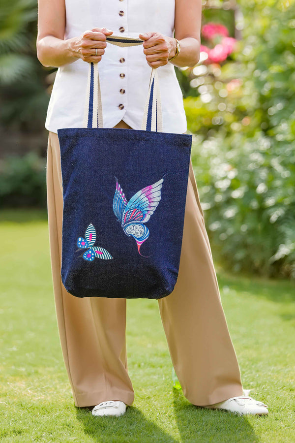 Winged Whispers | Denim Tote