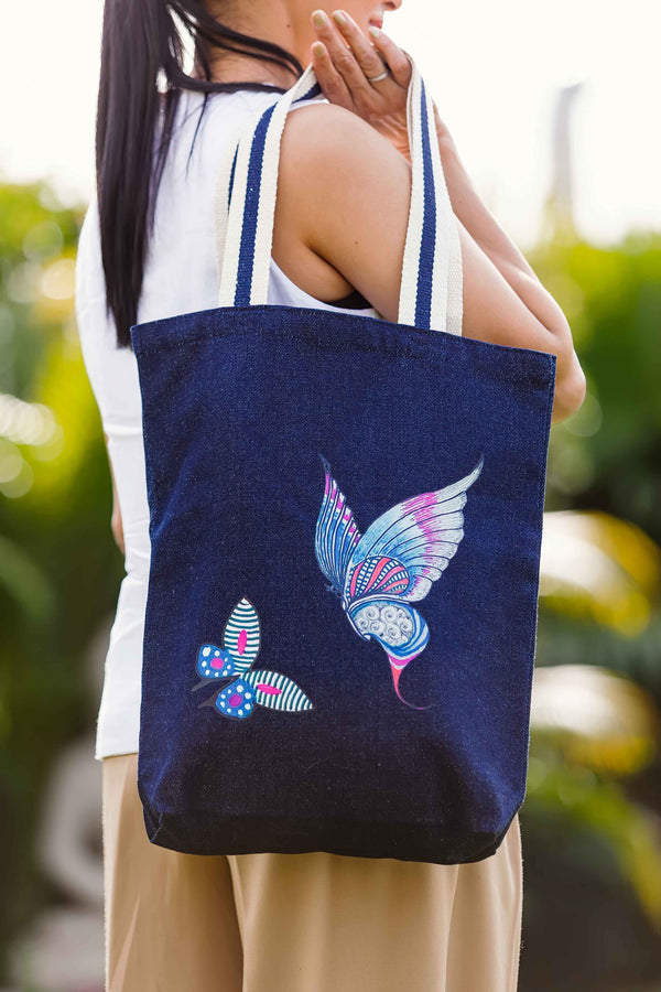 Winged Whispers | Denim Tote