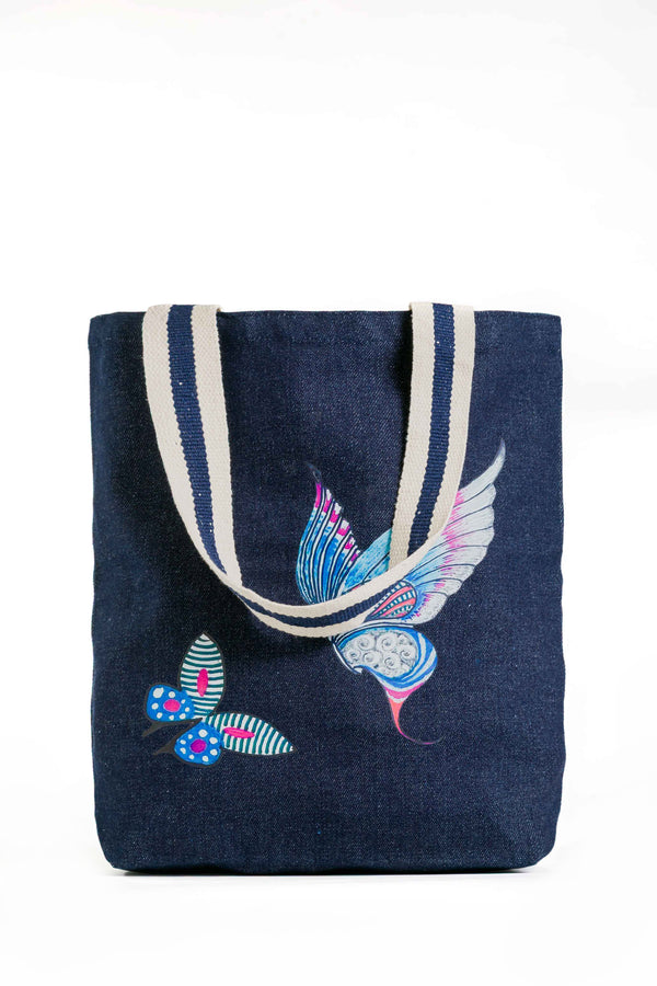 Winged Whispers | Denim Tote