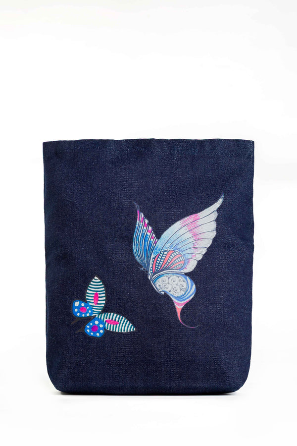 Winged Whispers | Denim Tote