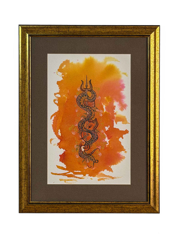 Framed hand-drawn artwork on handmade paper of an intricate trident and serpent motif in fine black linework over a warm orange and pink watercolour wash, gold frame with brown mat — Tangled Monk original hand-drawn art