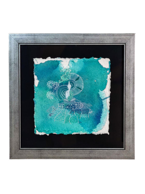 Framed hand-drawn artwork on handmade paper of a meditating figure in fine white linework over a teal and emerald watercolour wash, silver-toned frame — Tangled Monk original hand-drawn art