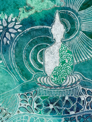 Close-up detail of the seated Buddha figure with a radiating fan halo and concentric arcs, drawn in fine white and green linework over a deep teal watercolour wash — Tangled Monk original hand-drawn art