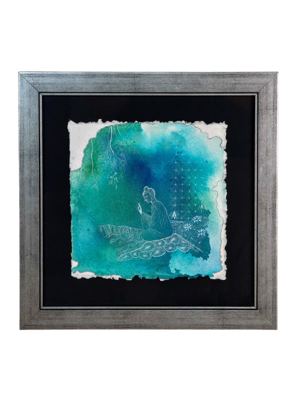 Framed hand-drawn artwork on handmade paper of a seated meditating figure in fine white linework over a deep teal and blue watercolour wash, silver-toned frame — Tangled Monk original hand-drawn art