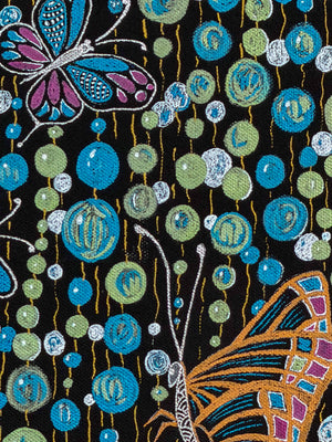 Close-up of strings of blue, sage and white dots hung on fine gold lines over black cotton duck canvas, a magenta butterfly above and a copper wing below — Tangled Monk original hand-drawn art