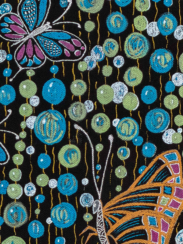 Close-up of strings of blue, sage and white dots hung on fine gold lines over black cotton duck canvas, a magenta butterfly above and a copper wing below — Tangled Monk original hand-drawn art