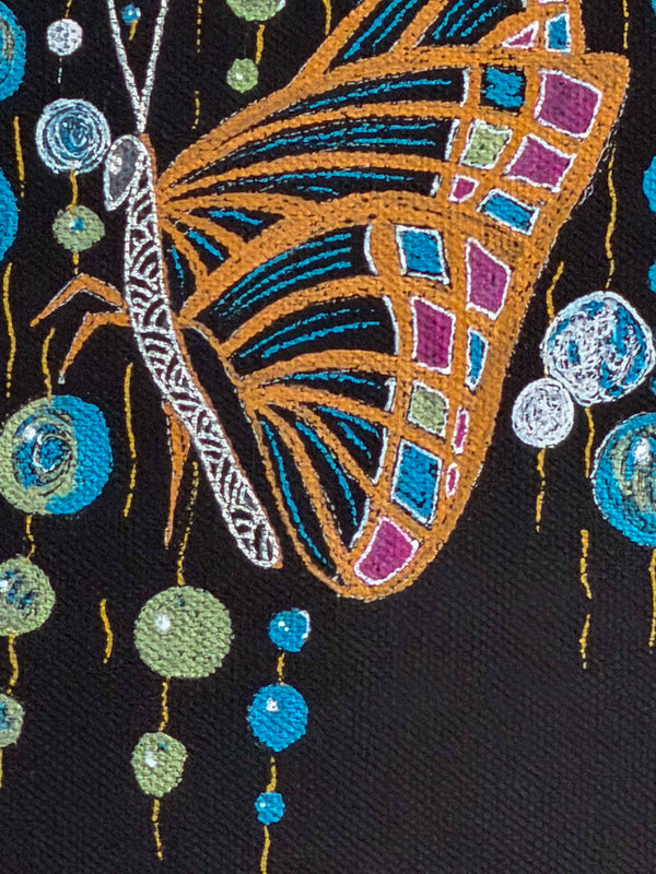 Close-up of a large copper-winged butterfly with magenta and blue panels beside falling strings of blue dots — Tangled Monk original hand-drawn art