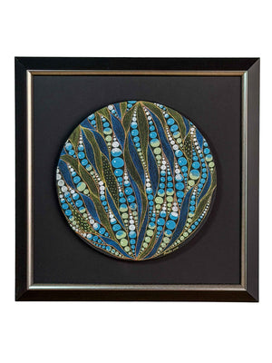 Framed circular artwork of flowing blue and olive-gold reeds between columns of turquoise, sage and white bubbles on black canvas, on a black mount in a black and silver wooden frame — Tangled Monk original hand-drawn art