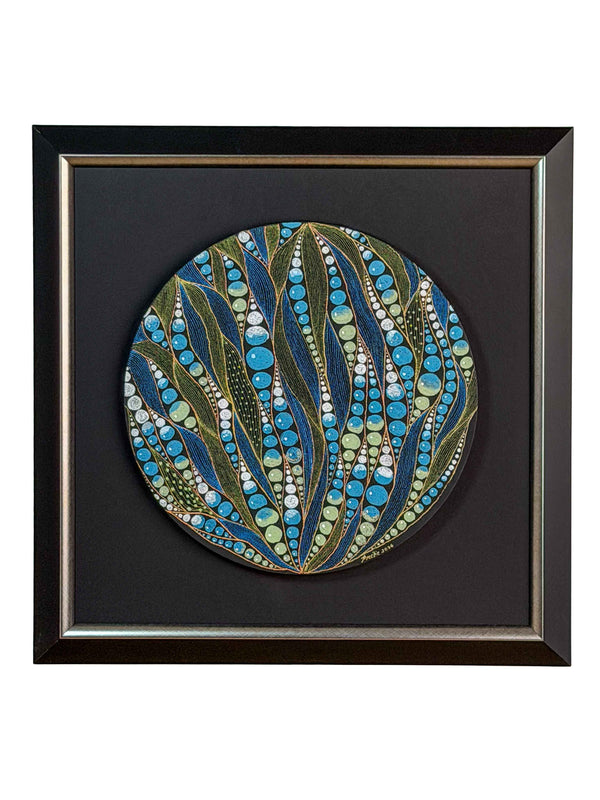 Framed circular artwork of flowing blue and olive-gold reeds between columns of turquoise, sage and white bubbles on black canvas, on a black mount in a black and silver wooden frame — Tangled Monk original hand-drawn art