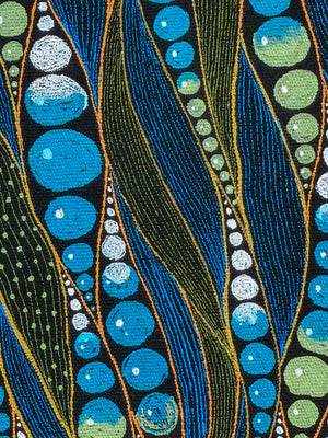 Close-up of cobalt and olive reed shapes outlined in fine gold line, between columns of blue and white bubbles on black canvas — Tangled Monk original hand-drawn art