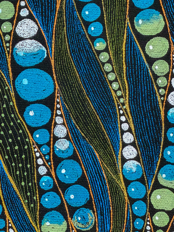 Close-up of cobalt and olive reed shapes outlined in fine gold line, between columns of blue and white bubbles on black canvas — Tangled Monk original hand-drawn art
