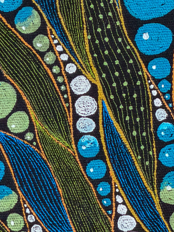 Close-up of stippled olive and blue reeds with rows of small white and sage dots rising between them — Tangled Monk original hand-drawn art