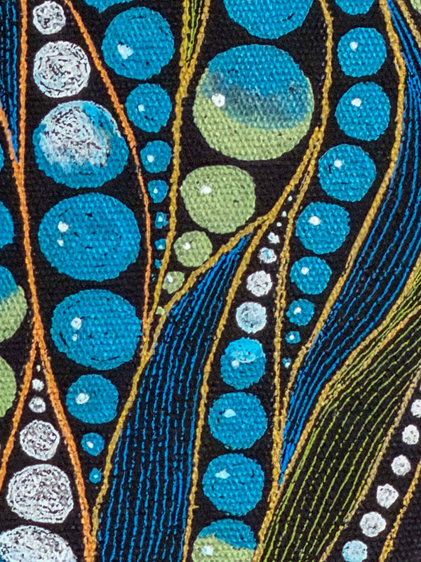 Close-up of large turquoise and sage bubbles with white highlights drifting between curving reeds, the canvas weave visible — Tangled Monk original hand-drawn art