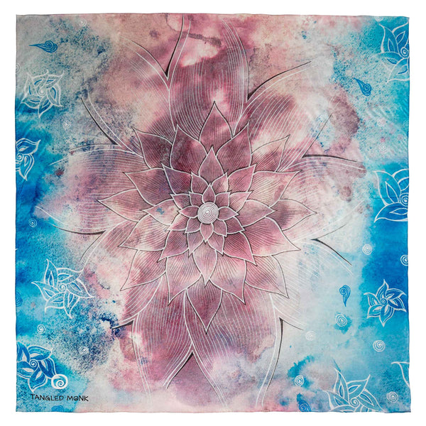 Dusk Lotus silk scarf laid flat, a dusty-rose lotus mandala in fine white linework on a blush and turquoise watercolour wash — Tangled Monk original hand-drawn silk scarf