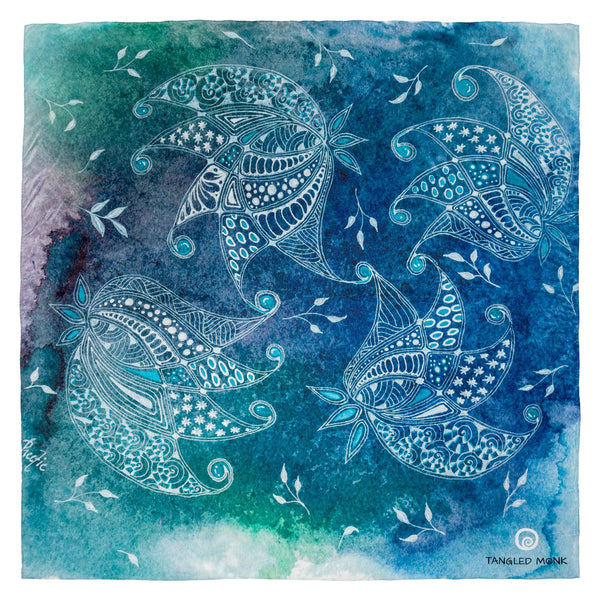 Midnight Paisley silk scarf laid flat, four white line-drawn paisley forms in a pinwheel over a teal and indigo watercolour wash — Tangled Monk original hand-drawn silk scarf